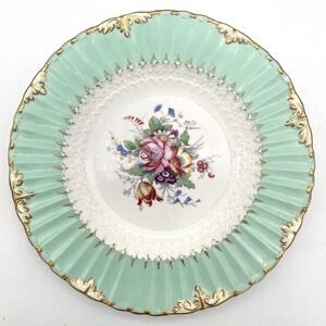 Royal Crown Derby E. Ellis Hand Painted Floral Cabinet Plates Set 2 Green Gilt